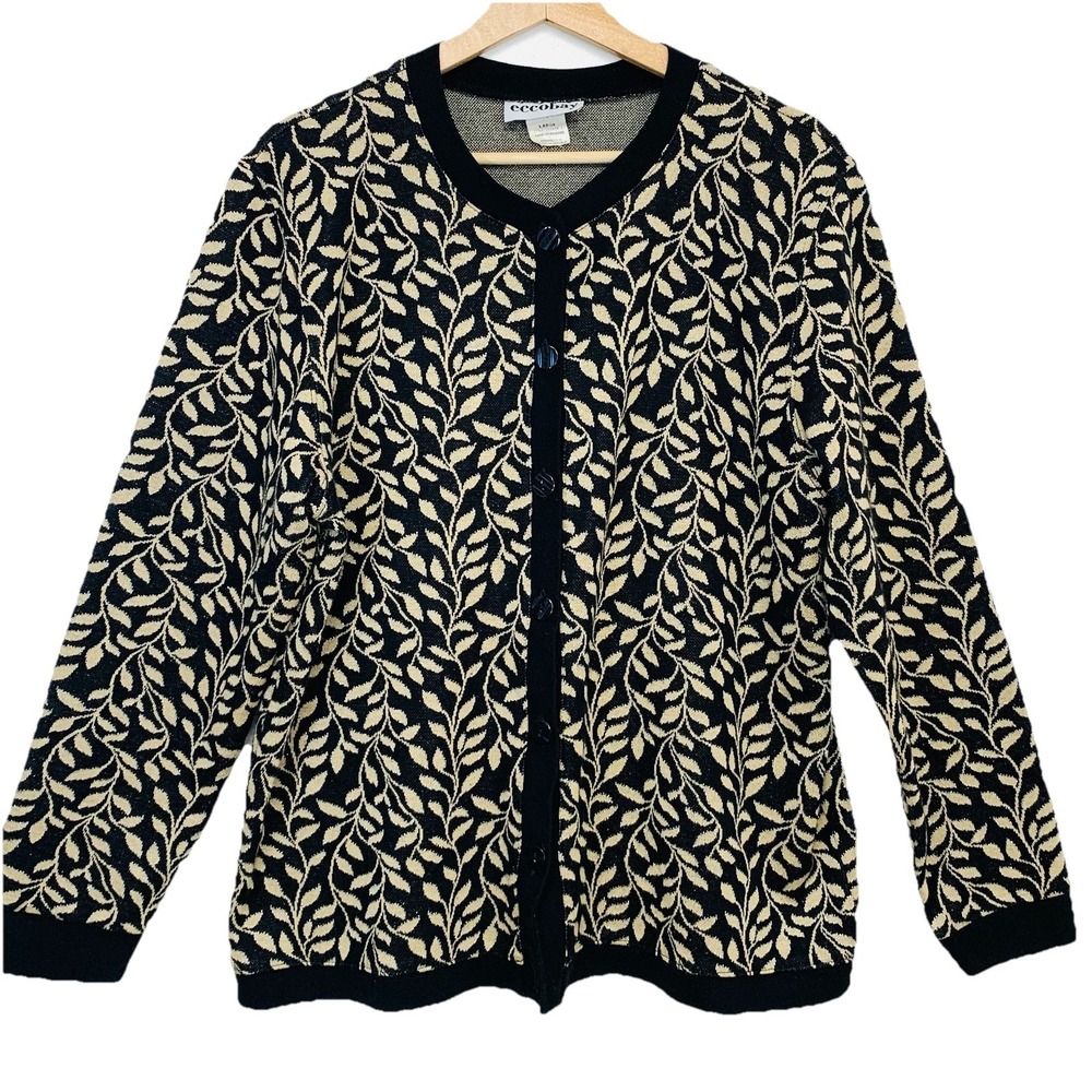 Eccobay Vintage Cardigan Sweater Leaf Pattern Button Front Black Gold Large